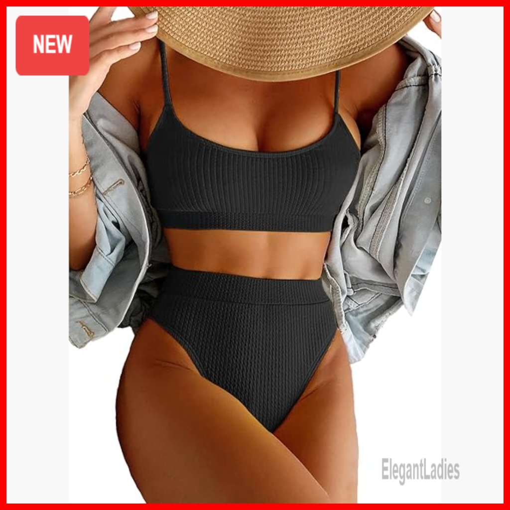 High Waisted Tummy Control Ribbed Bikini Set Medium Brazilian Swimsuit